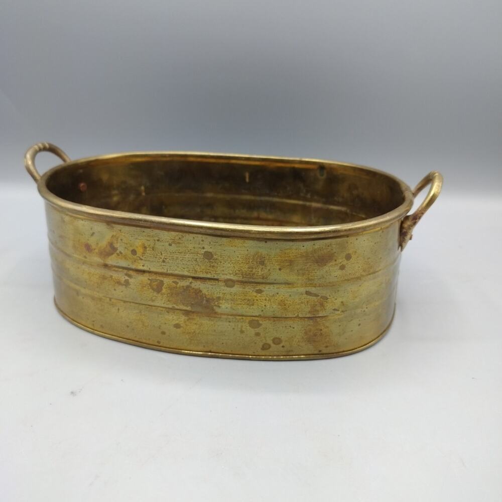 VTG Small Brass Planter Handles Ribbed Design Oval 8.5”x 6”x 3” Made In India
